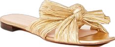 Elegant Evening Slides, Elegant Formal Flat Slides, Elegant Gold Leather Slides, Elegant Flat Slides For Formal Occasions, Elegant Gold Flat Slides, Elegant Slides For The Beach, Elegant Gold Slide Sandals, Chic Gold Open Toe Slides, Elegant Beach Slides