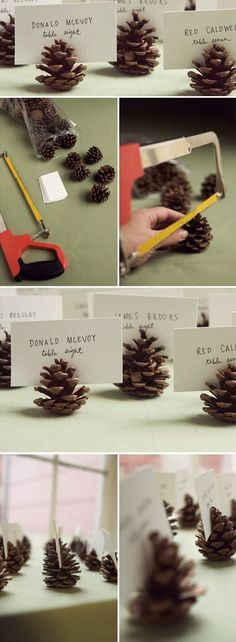 pine cones are being made into place cards