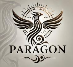 the paragon logo is shown in black and gold on a white background with swirls