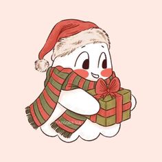 a drawing of a snowman wearing a santa hat and scarf holding a gift box