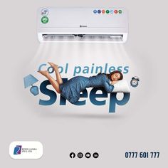 an advertisement with a woman laying on a pillow in front of a air conditioner