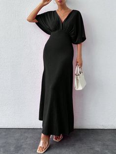 Women's Summer Solid Color V-Neck Batwing Sleeve Elegant Dress Black Elegant  Short Sleeve Fabric Plain A Line Slight Stretch  Women Clothing, size features are:Bust: ,Length: ,Sleeve Length: Solid Color V-neck Maxi Dress For Night Out, Solid Color V-neck Maxi Dress For Date Night, V-neck Maxi Dress In Solid Color For Date Night, Stretch V-neck Solid Color Maxi Dress, Stretch V-neck Maxi Dress In Solid Color, Stretch V-neck Maxi Dress, Stretch Solid Color V-neck Maxi Dress, Casual V-neck Evening Maxi Dress, Casual V-neck Maxi Dress For Evening