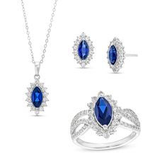 Display your vibrant style with this lab-created gemstone starburst pendant, ring and stud earrings set. Sterling silver Each piece features a marquise-cut blue lab-created sapphire, the largest being 10.0 x 5.0mm each White lab-created sapphires surround each center stone in a starburst frame Additional white lab-created sapphires adorn the open-worked shank of the ring 16.0 to 18.0-inch adjustable cable chain; lobster claw clasp Friction backs The ring is available in size 7 only Fine Jewelry Sapphire With Sparkling Stones, Sapphire Cubic Zirconia Jewelry With Marquise Cut, Sapphire Color Cubic Zirconia Marquise Cut Jewelry, Sapphire Colored Marquise Cut Cubic Zirconia Jewelry, Marquise Jewelry With Gemstone Accents As Gift, Sapphire Marquise Gemstone Jewelry, Sapphire Color Marquise Cut Cubic Zirconia Jewelry, Marquise Sapphire Fine Jewelry, Dazzling Marquise Gemstone Jewelry