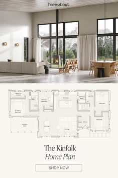 a pic of a modern living room with floor to ceiling windows; below is a drawing of a floor plan Sustainable House Design Floor Plans, Self Build Floor Plan Uk, Shed Roof Design, 4 Bedroom House Designs, Kinfolk Home, Small Modern Home, Solar Design, Perfect Living Room