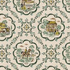 an old fashioned wallpaper with horse drawn carriages and people on horseback in the background