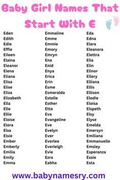 the baby girl names that start with e are in pink and blue, on a white background