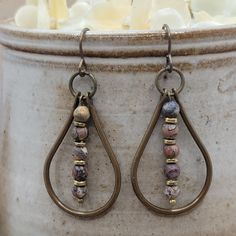 Earthy Jasper and Brass Teardrop Earrings, Nicki Lynn Jewelry Leopard Jasper, Patina Jewelry, Diy Jewelry Earrings, Twisted Wire, Wilmington Nc, Brass Accents, Bead Stringing, Ear Hook, Jasper Gemstone