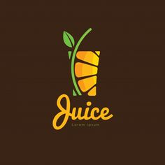 juice logo design with orange and green leaves on brown background, suitable for use in food business