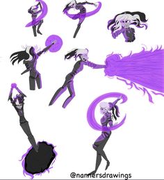 some purple and black anime character poses