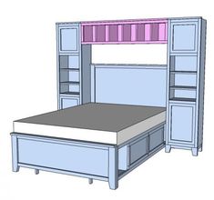 a drawing of a bed with two shelves above it and a mattress on the bottom