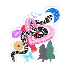 a sticker with an image of a snake on it's back and trees in the background