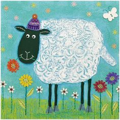 a painting of a sheep with a hat on it's head in a field of flowers