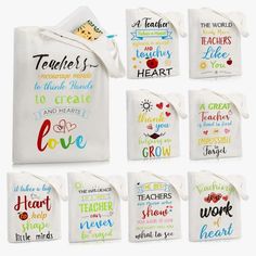 the teacher's tote bag is decorated with colorful lettering