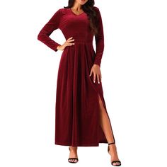 Crafted from 95% Polyester and 5% Spandex, this velvet dress is soft, comfy, and stretchy, ensuring a perfect fit. It features long sleeves, a V neckline, and a split hem, making it both elegant and stylish. Ideal for cooler weather, this dress is suitable for a variety of occasions including daily wear, office, lounge, beach, wedding, cocktail parties, proms, balls, baby showers, evening parties, dinners, dates, and graduations. The high waist design and long length create a feminine and gracef Winter V-neck Stretch Long Sleeve Dress, Fitted Long Sleeve Holiday Maxi Dress, Long Sleeve Velvet Dresses For Fall, Long Sleeve Velvet Dress For Holidays, V-neck Long Sleeve Stretch Dress For Winter, Fitted Long Sleeve Velvet Holiday Dress, Fitted Long Sleeve Velvet Dress For Fall, Long Sleeve Velvet Evening Dress For Fall, Evening Long Sleeve Velvet Dress For Fall