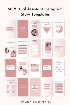 the 50 virtual assistant instagramr story templates are shown in pink and white