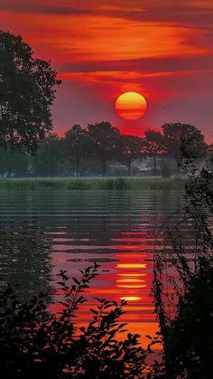 the sun is setting over water with trees in the background