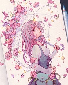 a drawing of a girl holding an umbrella with flowers around her and stars on it