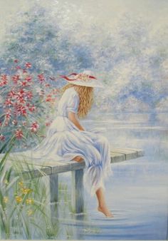 a painting of a woman sitting on a bench by the water with flowers in her hair