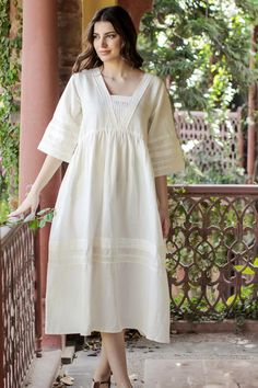 Cotton-Linen Blend A-Line Dress with Lace Detailing - Picnic Lace | NOVICA Spring Linen Dress With Square Neck For Daywear, Spring Square Neck Linen Dress For Daywear, Cream A-line Linen Dress, Spring Brunch A-line Linen Dress, Elegant Cotton Dresses With Yoke, Summer Linen Dress With Square Neck, Square Neck Linen Dress For Summer, Feminine Linen Dress For Beach, Spring Linen Dress With Square Neck