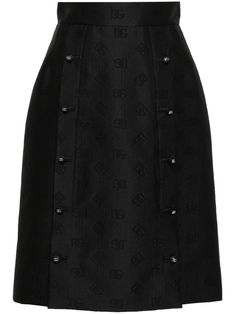 black all-over jacquard logo motif logo-embossed buttons dart detailing high-waisted knee-length leopard print lining straight hem front button fastening rear zip fastening Jacquard Midi Skirt, Black Lace Skirt, Knit Midi Skirt, Hem Skirt, Black Midi Skirt, Jacquard Knit, Knit Midi, Skirt Black, White Skirts