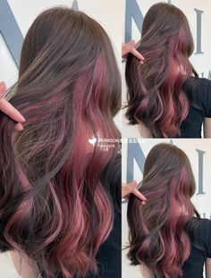 Peekaboo Hair Color Magenta, Dye Under Hair, Peekaboo Hair Color Brown, Red Ends On Brown Hair, Pink Under Hair, Ends Hair Color, Under Dyed Hair Curly, Burgundy Peekaboo Hair, Colored Hair For Brunettes