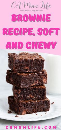 brownie recipe, soft and chewy on a white plate with a pink background