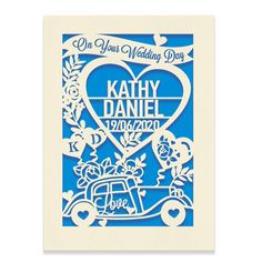 a blue and white wedding card with the words on your wedding day