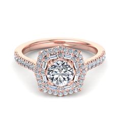 a rose gold engagement ring with an oval center surrounded by round diamonds