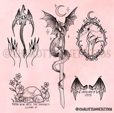 some tattoos that are on the back of a pink paper with an image of a dragon and