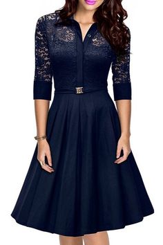 Charming Shirt Collar 3/4 Sleeve Lace Design Cut Out Midi Dress For Women Elegant Black Dress, 1950s Style, Vestidos Vintage, Navy Fashion, 1950s Fashion, Swing Dress, Vintage 1950s, Pretty Dresses