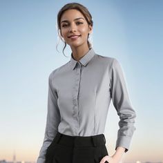 Olivia Mark - Cotton Long-Sleeve Formal Work Shirt with Hidden Buttons, Wrinkle-Free Professional Workwear Blouse Professional Workwear, Bubble Sleeve Top, White Short Sleeve Blouse, Suit Collar, Stylish Work Outfits, Work Shirt, Work Shirts, Blouse Vintage, Cotton Blouses