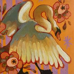 a painting of a bird with flowers in it's beak and its wings spread