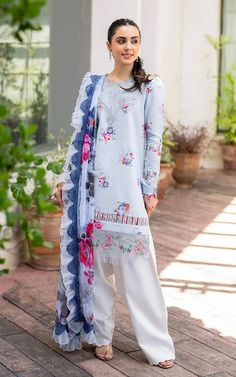 Luxury Pakistani Salwar Kameez Dupatta Blue Salwar Suit Party Dress 3 Piece Suits For Women, Pakistani Salwar Kameez, Lawn Shirts, Lawn Suits, Embroidered Neckline, Silk Dupatta, Fabric Stores Online, Designer Suits, Salwar Suits