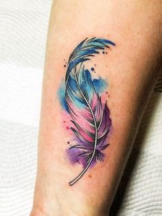 a watercolor feather tattoo on the ankle