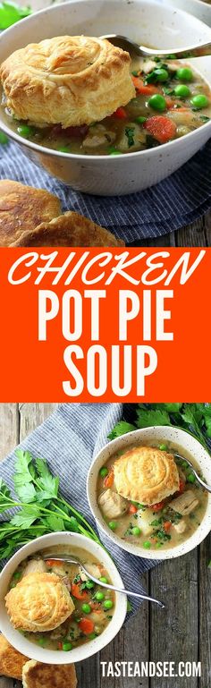 chicken pot pie soup in a white bowl on top of a wooden table with text overlay