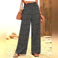 Xxl Wide Leg Black With White Dots Silky Dress Pants Wide Leg Black Ankle-length Bottoms For Vacation, Black Ankle-length Vacation Bottoms, Black Ankle-length Pants For Vacation, Black Ankle-length Vacation Pants, Black Trousers For Vacation, Black Ankle Pants For Beach, Black Wide Leg Beach Pants For Spring, Black Wide Leg Pants For Beach Spring Season, Black Wide Leg Pants For Beach In Spring