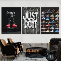 a living room filled with lots of furniture and pictures on the wall above them that says just dot