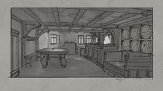 a drawing of a room with lots of wine barrels on the walls and tables in it