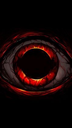 an eyeball in the dark with red flames