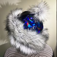 "Handmade Mongolian inspired hat made with holographic blue fabric and faux silver fox fur. Soft fleece lined. Very warm and soft. Approx 26\" circumference, Approx med/lg size. Please message me for other sizes!" Holographic Blue, Silver Fox, Hat Making, Fox Fur, Blue Fabric, Hat Fashion, Caps Hats, Accessories Hats, Winter Hats