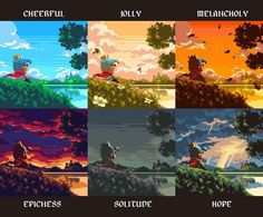 four different pixel art styles with trees and clouds in the background, each showing different colors