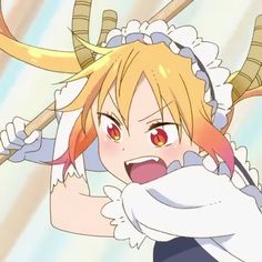 an anime character with horns on her head holding a baseball bat and looking at the camera