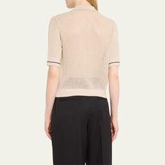 MARIA MCMANUS slighty sheer open mesh knit polo top with contrast side seam Spread collar; three-button placket Short sleeves Slim fit Pullover style Cashmere/organic cotton Unlined Imported Chic Open Knit Top For Workwear, Fitted Collared Open Knit Tops, Cashmere Polo, Navy Polo Shirt, Mesh Short, Polo Top, Knit Polo, Latest T Shirt, Womens Cashmere