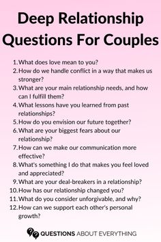 Spice up your next date night with these relationship questions for couples! From deep and meaningful to fun and light-hearted, these questions will help you and your partner have open and honest conversations.  PIN this NOW and SAVE these questions for when you're ready to dive into some heart-to-heart discussions! Questions For Couples Deep, Questions To Ask Boyfriend Deep, Deep Relationship Questions To Ask Him, Deep Questions To Ask Partner, Relationship Questions For Him, Deep Questions For Couples, Romantic Questions For Couples