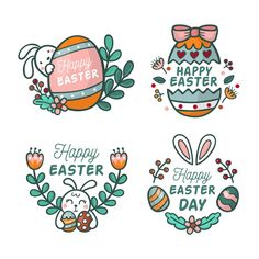 four easter stickers with the words happy easter