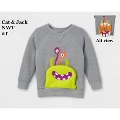 New With Tags Halloween Sweatshirt Size 2t This Grey Pullover Sweatshirt Features A Lime Green Monster With A Zipper Mouth. Open The Zipper To Reveal The Candy Inside His Mouth. See Inset In Pic For Alt View. So Adorable. Can Be Worn For Halloween Or Any Day, Really. Zipper Mouth, Toddler Boy Hoodie, Jack Halloween, Dinosaur Sweater, Raglan Sleeve Sweatshirt, Sequined Sweatshirt, Green Monster, Tie Dye Sweater, Boys Fleece