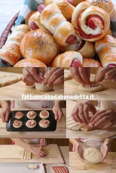 the process of making hot dogs and buns is shown in several different stages of preparation