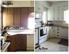 before and after pictures of a kitchen remodel with white cabinets, wood flooring and appliances