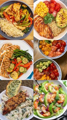 four plates with different types of food on them and one plate with shrimp, rice, tomatoes, zucchini, corn, broccoli, cucumbers