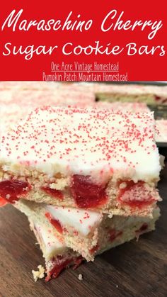 strawberry cheesecake sugar cookie bars stacked on top of each other with the title above it